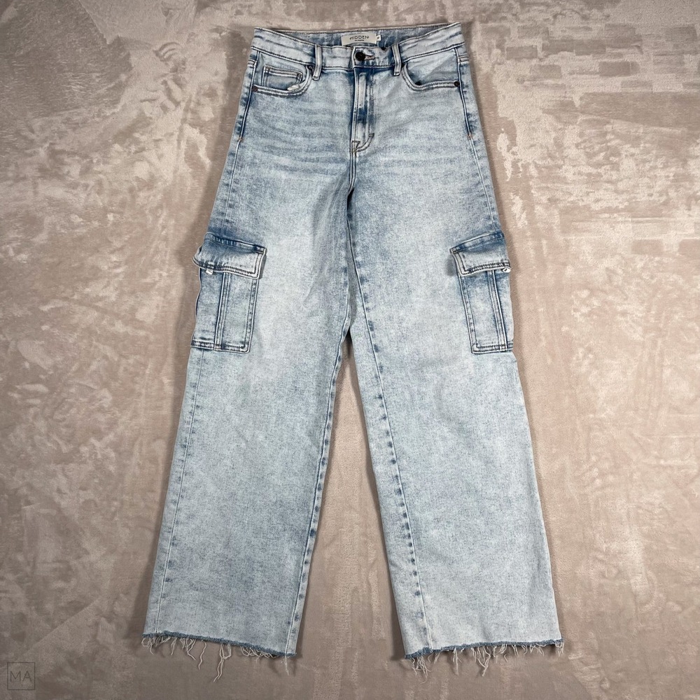 Hidden Women's Jeans Cargo Light Wash Wide Leg Raw Hem 27 Blue